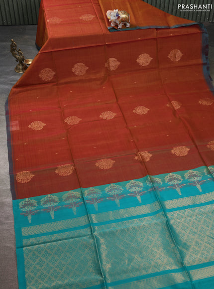 Kora silk cotton saree dark mustard and teal green with zari woven buttas and simple border