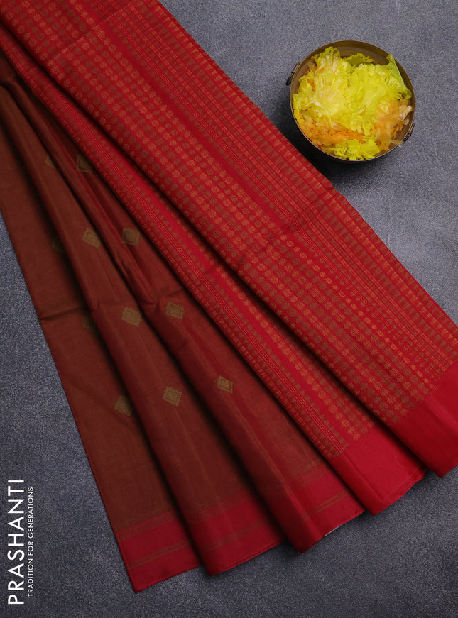 Kora silk cotton saree dark mustard and red with thread woven buttas and simple border