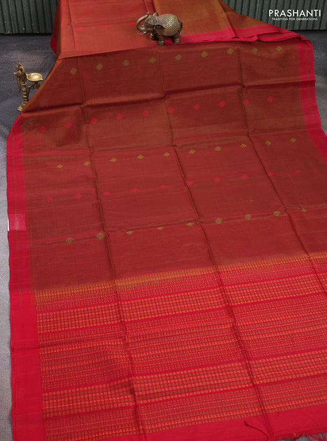 Kora silk cotton saree dark mustard and red with thread woven buttas and simple border