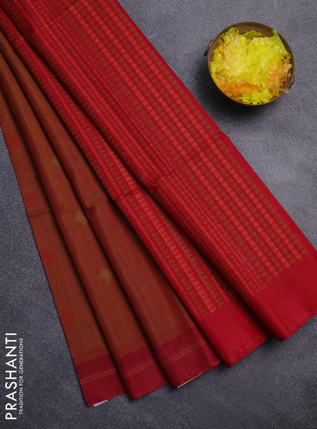 Kora silk cotton saree dark mustard and red with thread woven buttas and simple border