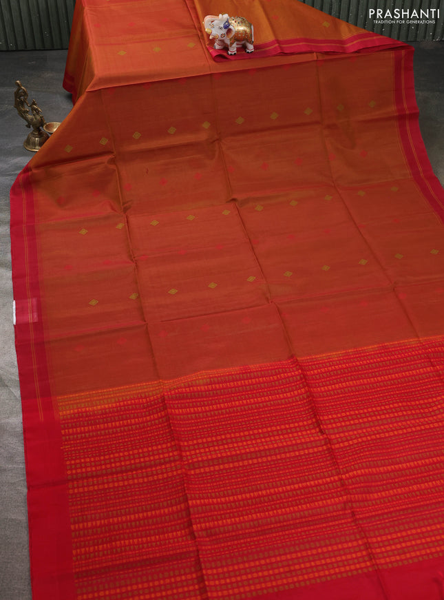 Kora silk cotton saree dark mustard and red with thread woven buttas and simple border