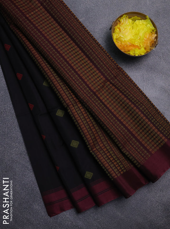 Kora silk cotton saree black and deep wine shade with thread woven buttas and simple border