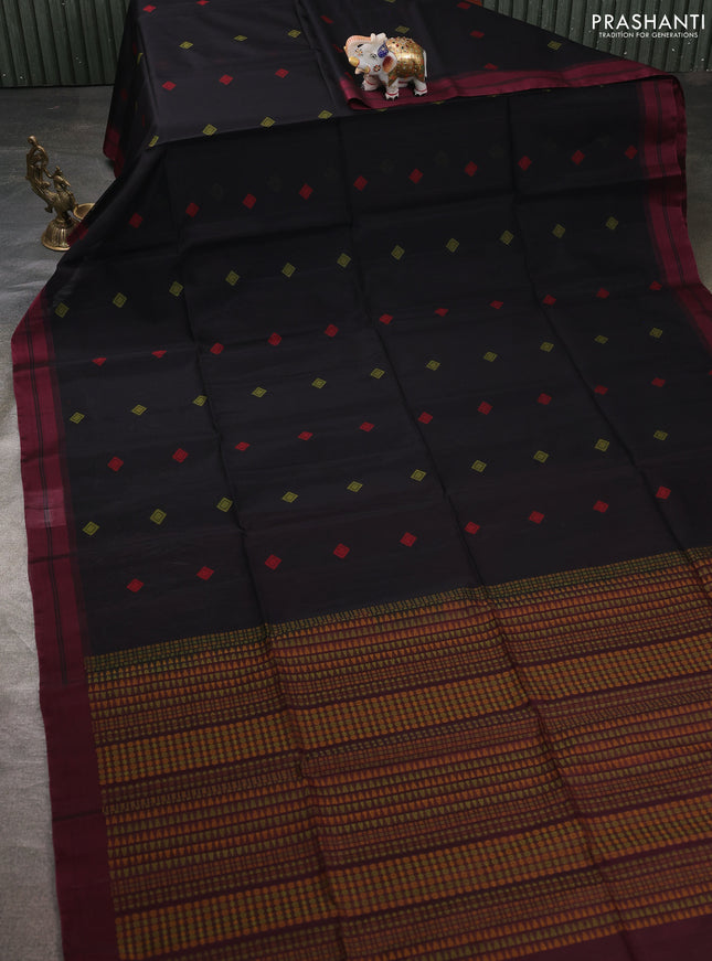 Kora silk cotton saree black and deep wine shade with thread woven buttas and simple border