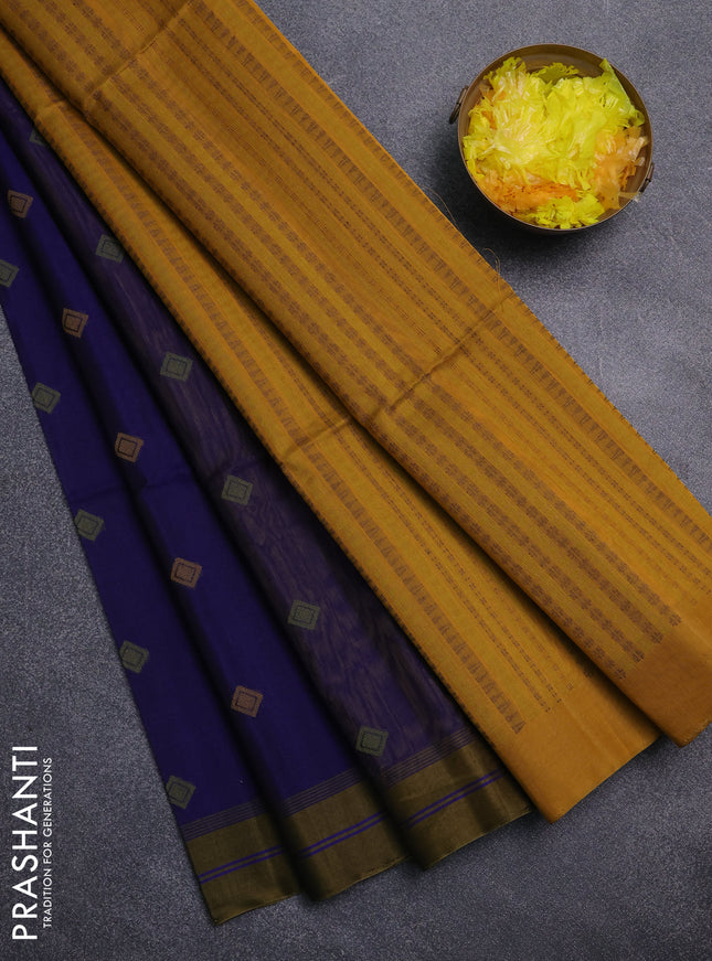 Kora silk cotton saree blue and mustard yellow with thread woven buttas and simple border