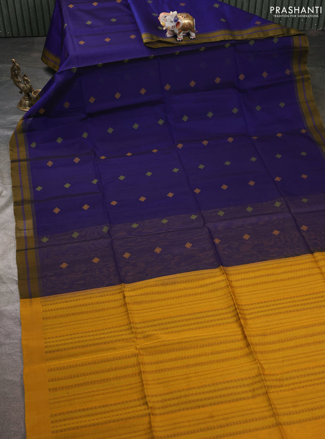 Kora silk cotton saree blue and mustard yellow with thread woven buttas and simple border