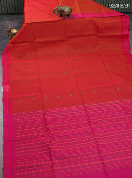 Kora silk cotton saree dual shade of mustard and pink with thread woven buttas and simple border