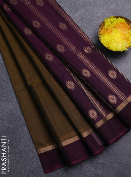 Kora silk cotton saree dark mustard and purple with zari woven buttas and zari woven border