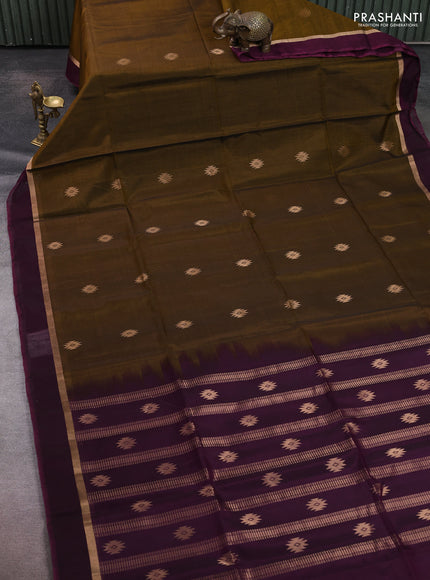 Kora silk cotton saree dark mustard and purple with zari woven buttas and zari woven border