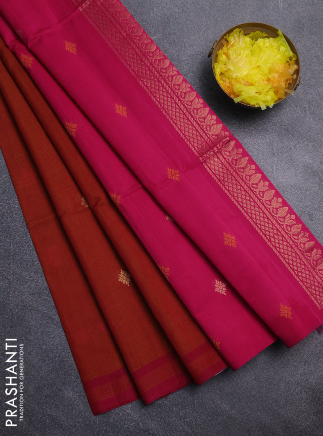 Kora silk cotton saree dark mustard and pink with thread & zari woven buttas and simple border