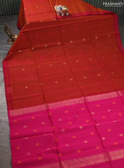 Kora silk cotton saree dark mustard and pink with thread & zari woven buttas and simple border