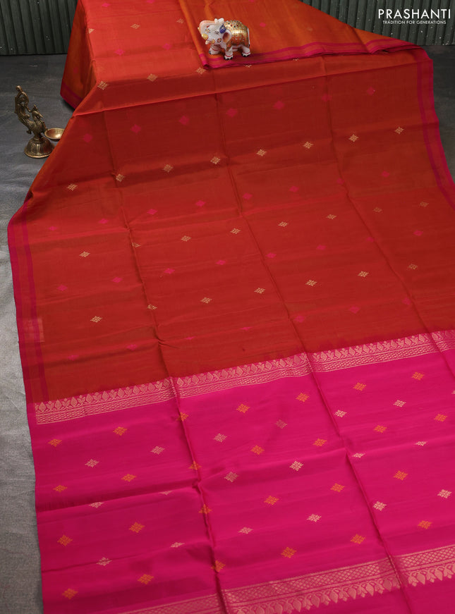 Kora silk cotton saree dark mustard and pink with thread & zari woven buttas and simple border