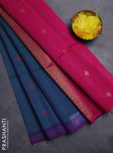 Kora silk cotton saree dual shade of bluish green and pink with thread & zari woven buttas and simple border