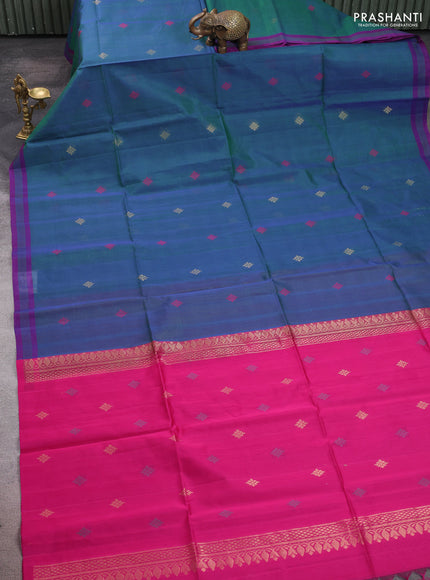 Kora silk cotton saree dual shade of bluish green and pink with thread & zari woven buttas and simple border