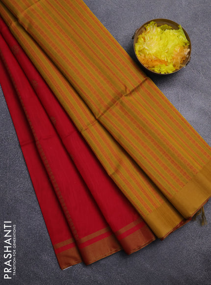 Kora silk cotton saree red and mustard yellow with thread stripe & buttas and simple border