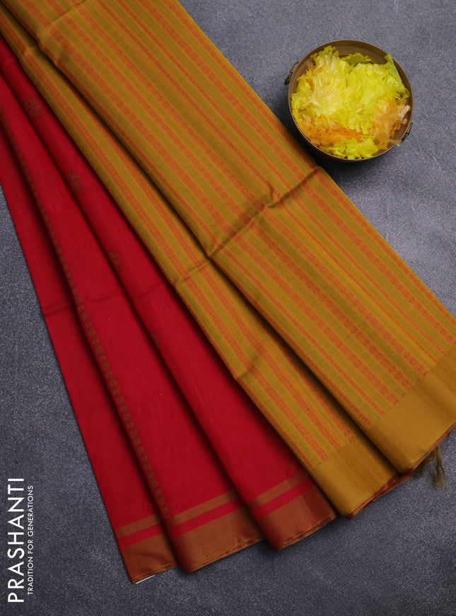 Kora silk cotton saree red and mustard yellow with thread stripe & buttas and simple border