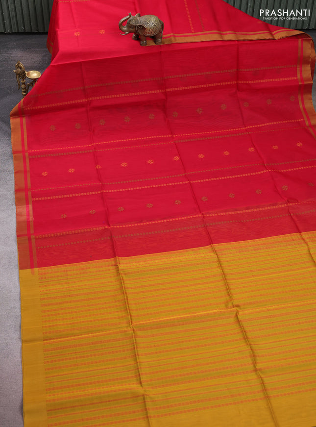 Kora silk cotton saree red and mustard yellow with thread stripe & buttas and simple border