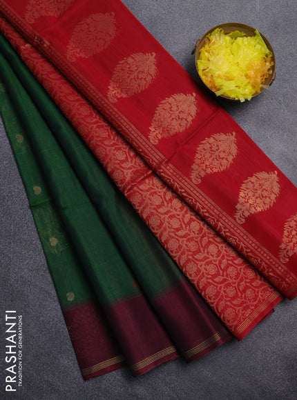 Kora silk cotton saree green and red with thread & zari woven buttas and zari woven butta border