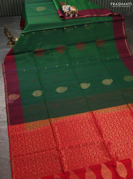 Kora silk cotton saree green and red with thread & zari woven buttas and zari woven butta border