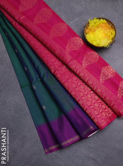 Kora silk cotton saree dual shade of blue and pink with thread & zari woven buttas and zari woven butta border