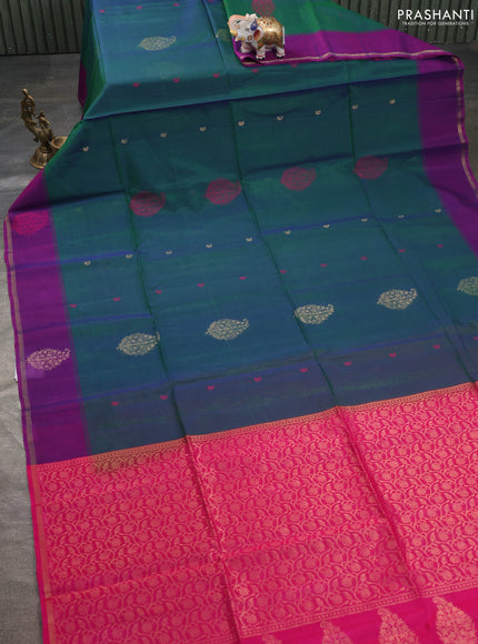 Kora silk cotton saree dual shade of blue and pink with thread & zari woven buttas and zari woven butta border