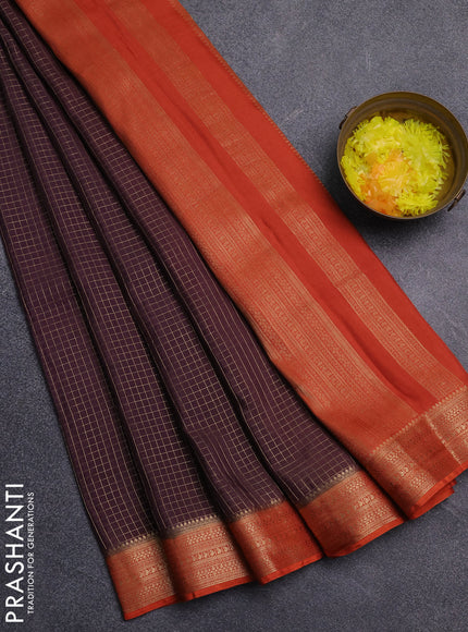 Semi mysore silk saree coffee brown and rust shade with allover small zari checked pattern and zari woven border