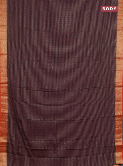 Semi mysore silk saree coffee brown and rust shade with allover small zari checked pattern and zari woven border