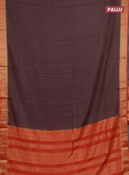 Semi mysore silk saree coffee brown and rust shade with allover small zari checked pattern and zari woven border