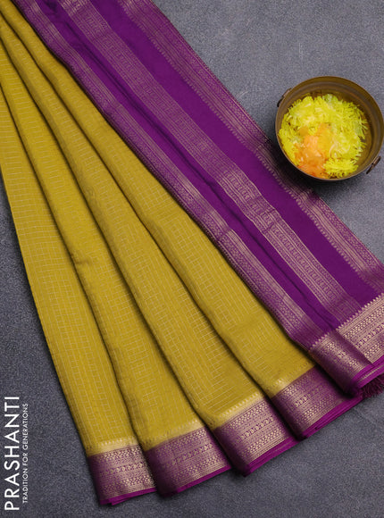 Semi mysore silk saree yellow and purple with allover small zari checked pattern and zari woven border