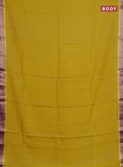 Semi mysore silk saree yellow and purple with allover small zari checked pattern and zari woven border