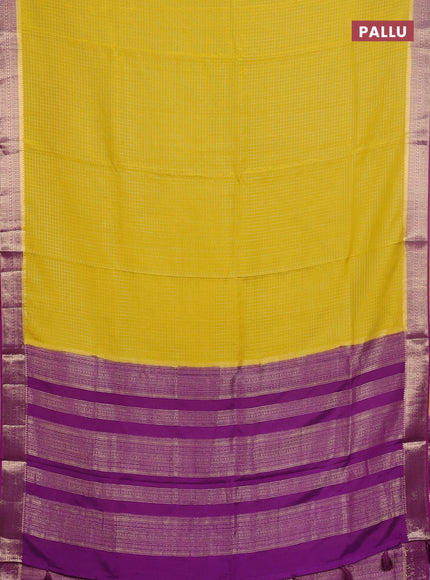 Semi mysore silk saree yellow and purple with allover small zari checked pattern and zari woven border