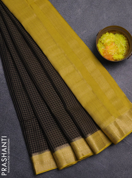 Semi mysore silk saree olive green and yellow with allover small zari checked pattern and zari woven border