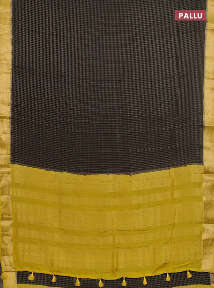 Semi mysore silk saree olive green and yellow with allover small zari checked pattern and zari woven border