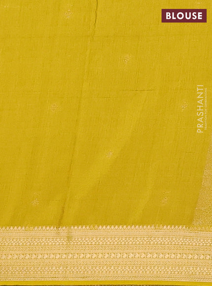 Semi mysore silk saree olive green and yellow with allover small zari checked pattern and zari woven border