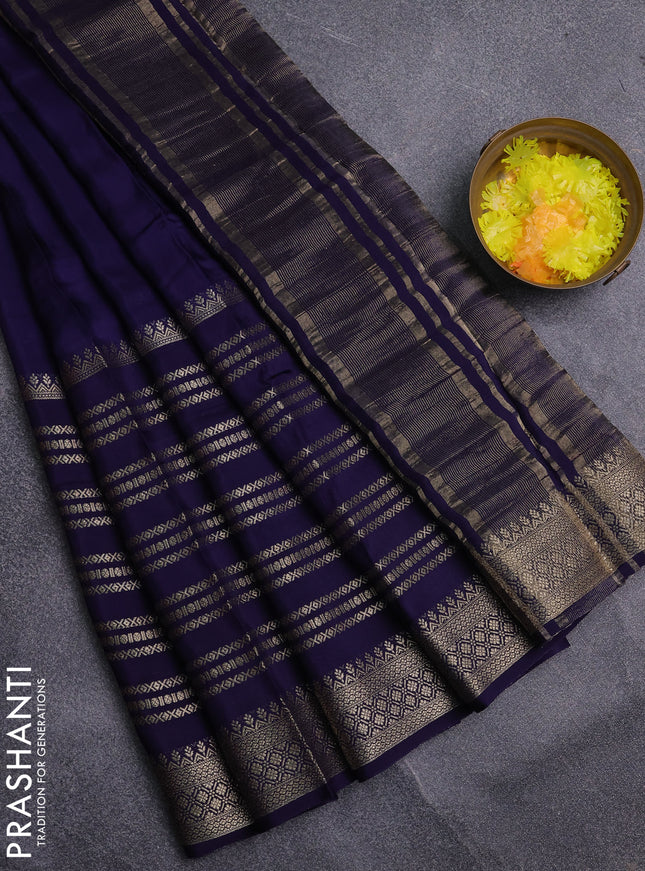 Semi mysore silk saree dark blue and pink with plain body and long zari woven border