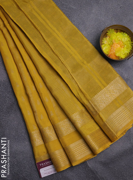 Semi mysore silk saree yellow and green with allover zari checks & buttas and rettapet zari woven border