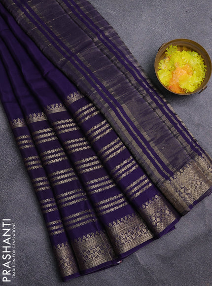 Semi mysore silk saree dark blue and pink with plain body and long zari woven border