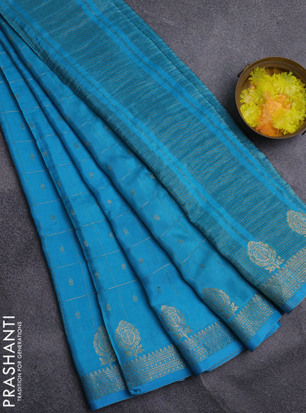 Semi mysore silk saree teal blue and navy blue with allover zari checks & buttas and zari woven border