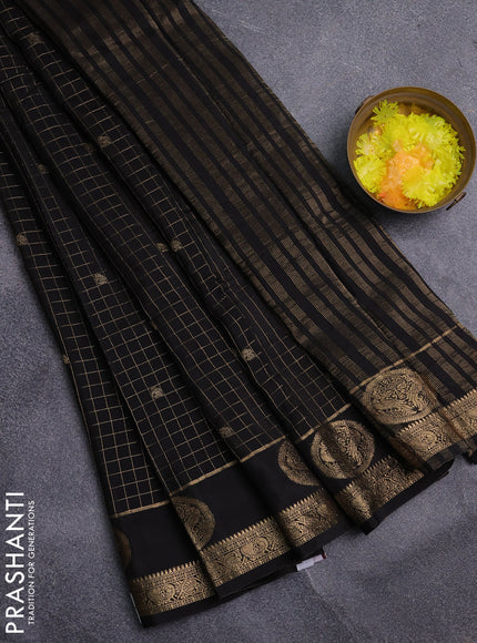 Semi mysore silk saree black and rust shade with allover zari checks & buttas and zari woven butta border