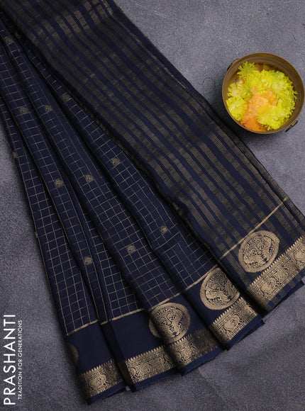 Semi mysore silk saree peacock blue and yellow with allover zari checks & buttas and zari woven border
