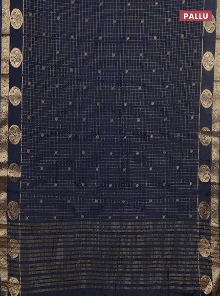 Semi mysore silk saree peacock blue and yellow with allover zari checks & buttas and zari woven border