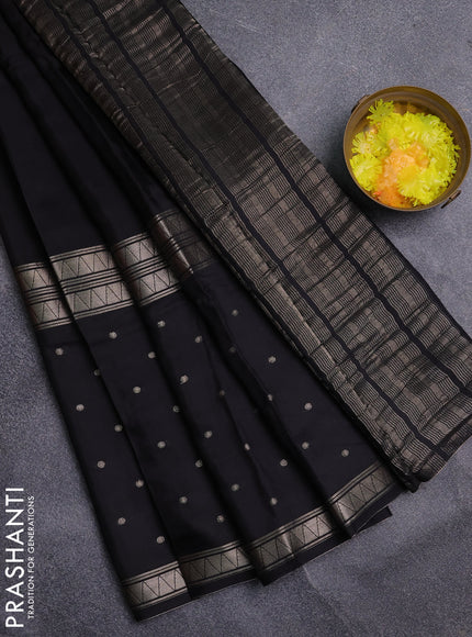 Semi mysore silk saree black with plain body and long zari woven butta border
