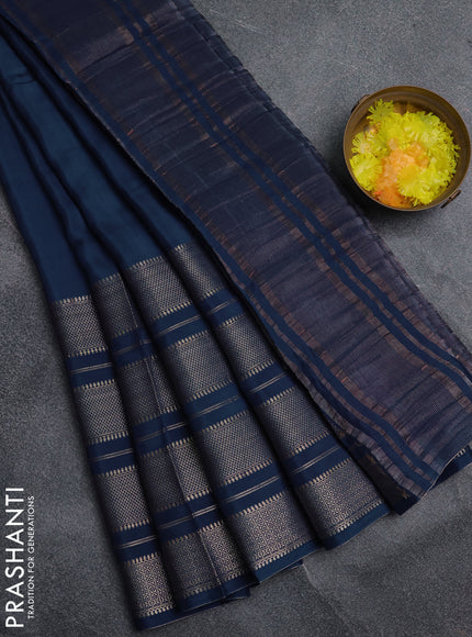 Semi mysore silk saree navy blue and pink with plain body and zari woven border