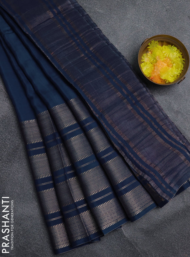 Semi mysore silk saree navy blue and pink with plain body and zari woven border