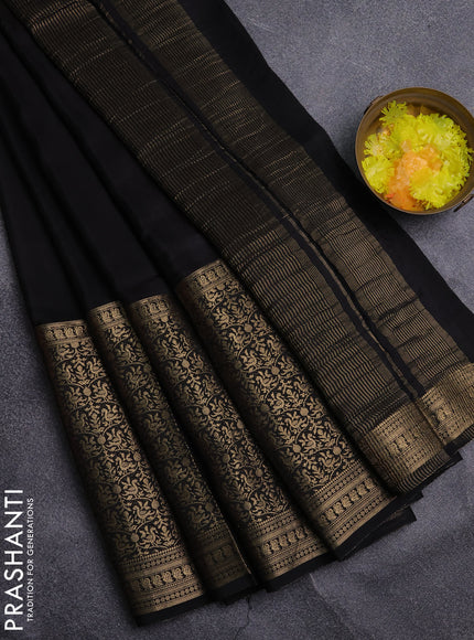 Semi mysore silk saree black and rust shade with plain body and long zari woven border