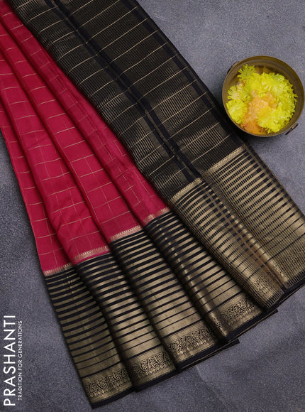 Semi mysore silk saree pink and black with allover zari checked pattern and long zari woven border