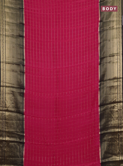 Semi mysore silk saree pink and black with allover zari checked pattern and long zari woven border
