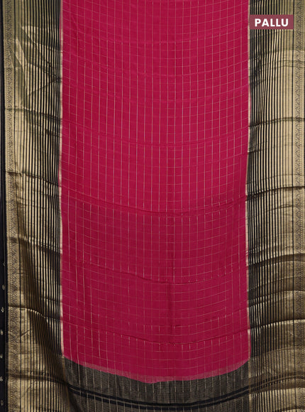 Semi mysore silk saree pink and black with allover zari checked pattern and long zari woven border