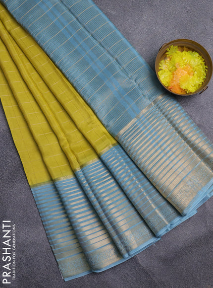 Semi mysore silk saree lime yellow and pastel blue with allover zari checked pattern and long zari woven border