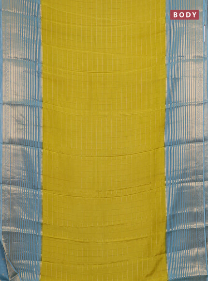Semi mysore silk saree lime yellow and pastel blue with allover zari checked pattern and long zari woven border