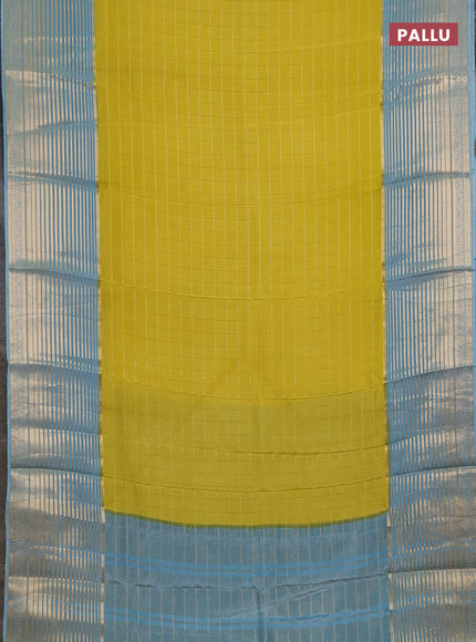 Semi mysore silk saree lime yellow and pastel blue with allover zari checked pattern and long zari woven border